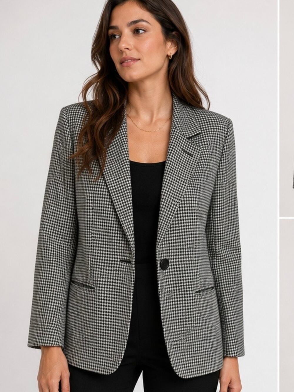 Vintage Houndstooth Black and White Wool Blazer Jacket Pockets Size 14